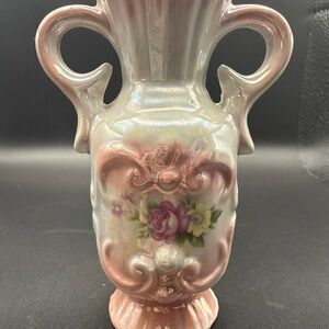 Vintage Iridescent Lusterware Floral Design Ceramic Vase W/Double Handles. 4”x3”